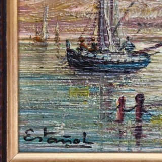 Óleo sobre madera de Barcos, Estañol (1929-2012).