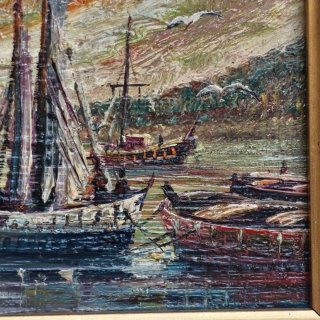 Óleo sobre madera de Barcos, Estañol (1929-2012).