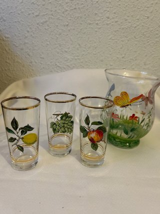 Juego Vintage Vasos y Jarra Decorada
