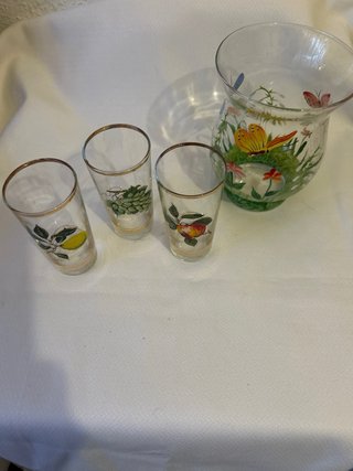 Juego Vintage Vasos y Jarra Decorada