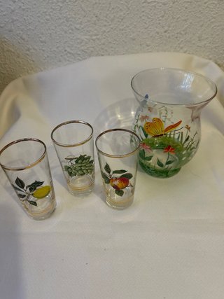Juego Vintage Vasos y Jarra Decorada