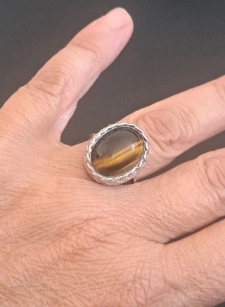 Conjunto Plata y Ojo de Tigre: Anillo y Pendientes