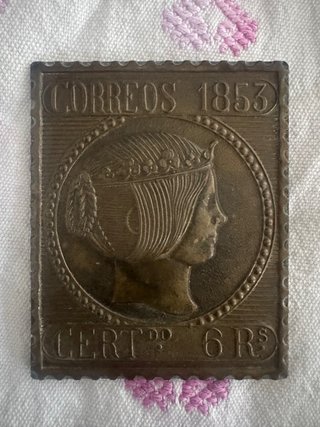 Placa Latón Antigua Sello 6 Reales 1853