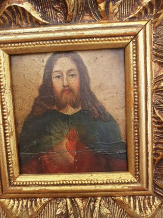 antiguo cuadro oleo sobre tabla Sagrado CORAZON