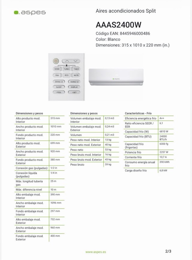 Aire Acondicionado Aspes 6000 wifi GALCAN GREEN SL