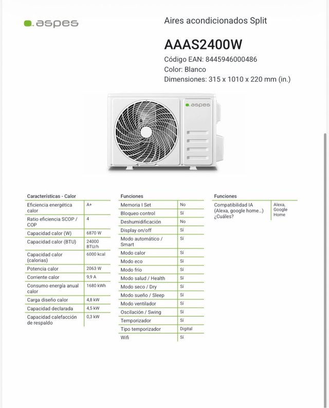 Aire Acondicionado Aspes 6000 wifi GALCAN GREEN SL