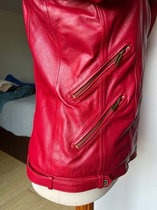 Cazadora Biker Cuero Roja Mujer
