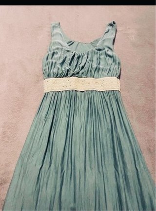 Vestido largo dorado y verde azulado