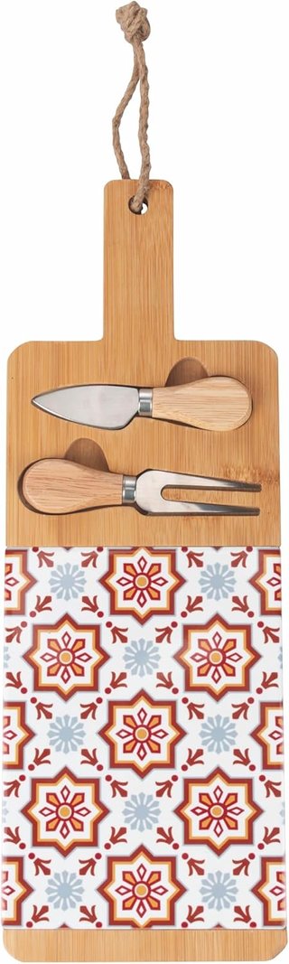 Set Valladolid con tagliere e 2 coltelli per formaggio con manico in bambù e piastrelle ceramiche