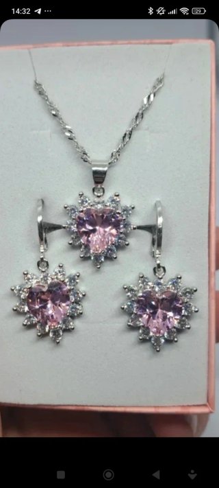 Conjunto Plata Corazón Rosa y Circonitas