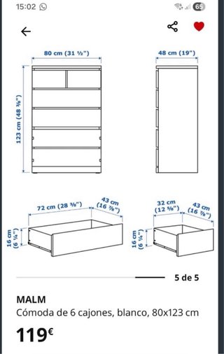 Cómoda 6 cajones Malm Ikea Blanca