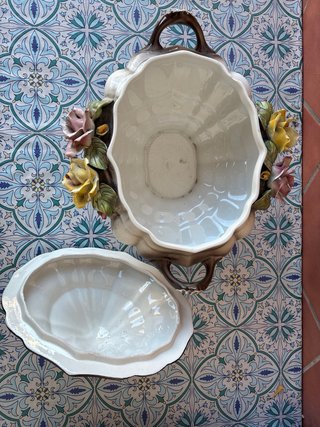 Jarrón Vintage Cerámica Flores Beige Amarillo