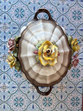 Jarrón Vintage Cerámica Flores Beige Amarillo