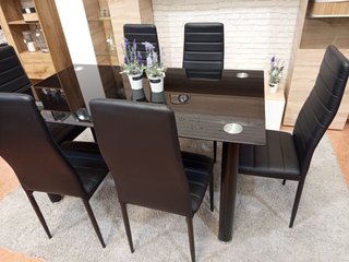 Pack Mesa Cristal 140x80cm + 6 Sillas Polipiel