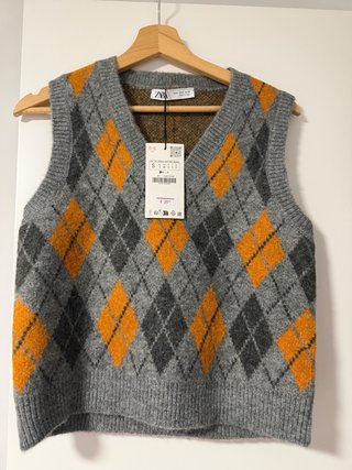 Chaleco Zara Argyle Gris Naranja Talla S