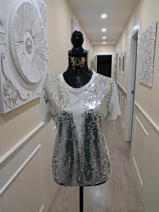Chaleco blanco mujer Camiseta lentejuela plata
