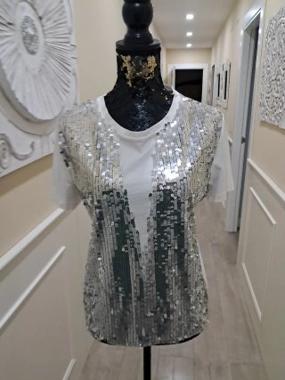 Chaleco blanco mujer Camiseta lentejuela plata