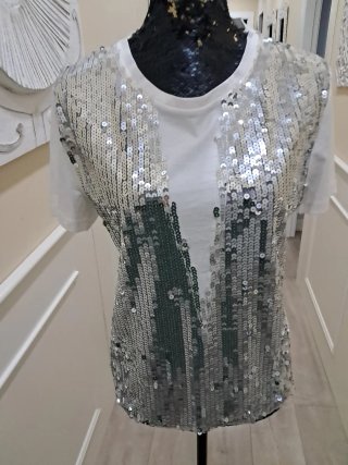 Chaleco blanco mujer Camiseta lentejuela plata