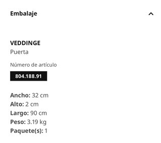 Puerta IKEA VEDDINGE blanca 30x80 cm