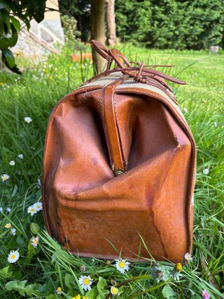 Bolsón vintage cuero-lona +70 años L=48 Alto32 A27