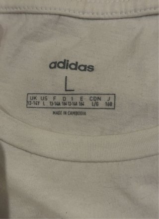 Camiseta Adidas Blanca Logo Rosa. Talla L niños