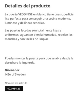 VEDDINGE IKEA Puerta blanca 40x100 cm