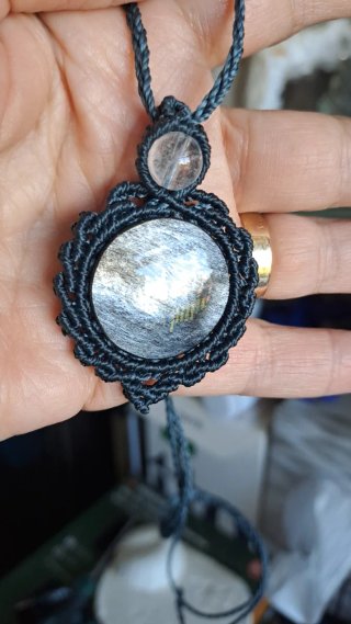 Colgante Macramé Obsidiana Plateada y Cuarzo