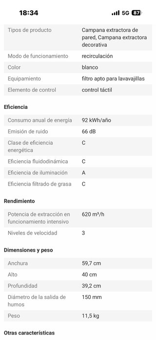 Campana extractora blanca de cristal