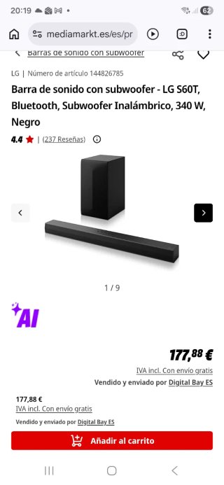 Barra de Sonido LG S60T Subwoofer 340W Negra