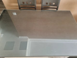 Mesa cristal extensible 6 sillas madera