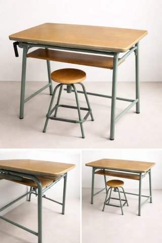 Tavolo da Disegno Scolastico Vintage + Sgabello