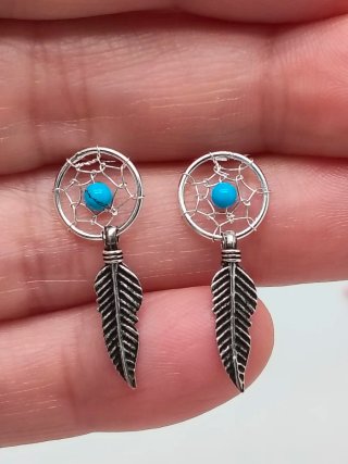 Pendientes Plata Ley 925 Aro y Pluma Turquesa