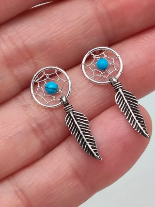 Pendientes Plata Ley 925 Aro y Pluma Turquesa