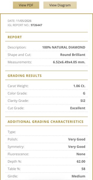 Anillo Oro 18k Diamante Natural 1.06 Ct G/SI2