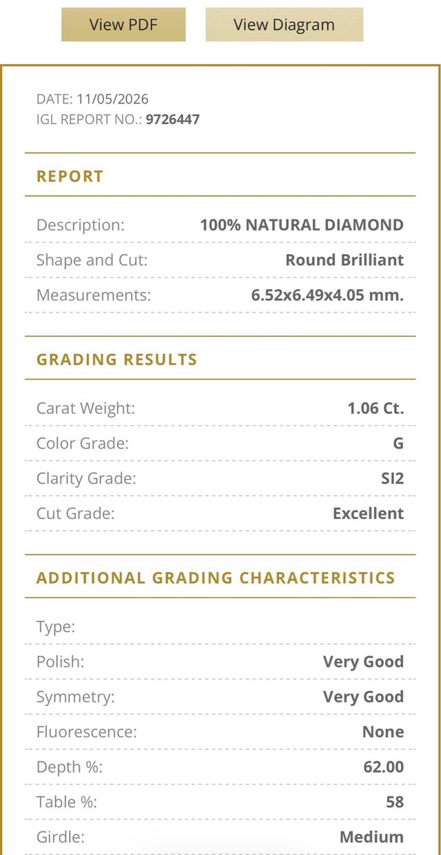 Anillo Oro 18k Diamante Natural 1.06 Ct G/SI2