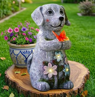 Escultura Perro Solar Exterior LED Mariposa Flores