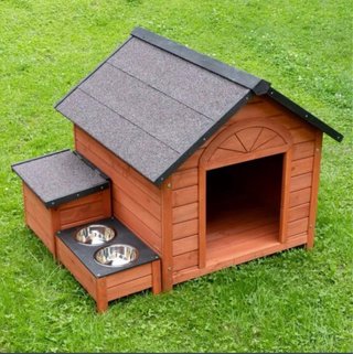Caseta para perro con comederos