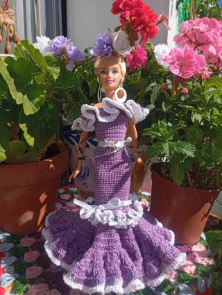 Traje Flamenca Barbie Morado y Blanco
