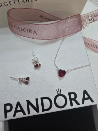Conjunto Pandora Corazón Rojo Plata