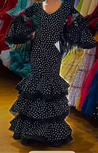 Precioso Flamenca Negro Lunares Blancos Talla 38