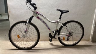 Bicicleta de montaña blanca y morada