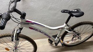 Bicicleta de montaña blanca y morada