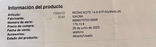 Redmi Note 14 8GB 256GB Negro Como Nuevo