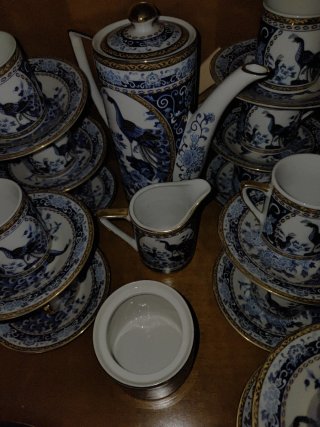 Juego de café porcelana china pavos reales