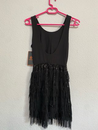 Vestido fiesta negro flecos lentejuelas