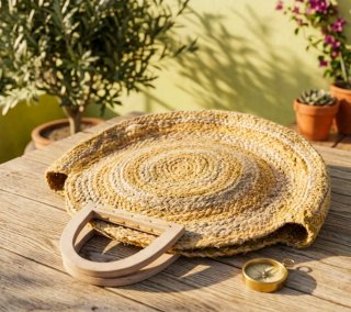 ​​Bolso de yute/rafia circular con asas de madera