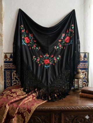 Manton negro bordado flores