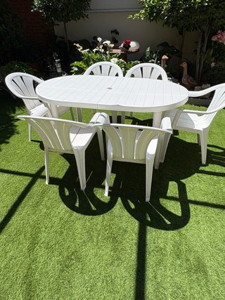 Mesa y 6 Sillas Jardín Plástico Blanco Naranja