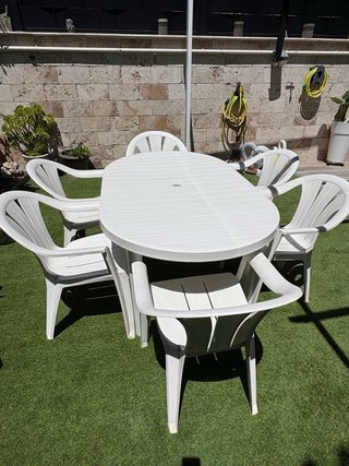 Mesa y 6 Sillas Jardín Plástico Blanco Naranja