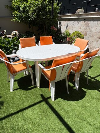 Mesa y 6 Sillas Jardín Plástico Blanco Naranja